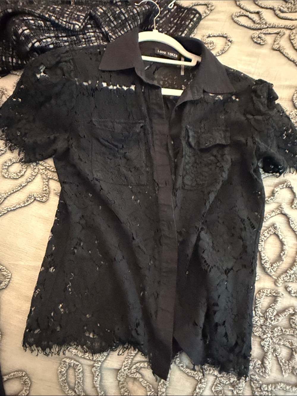 Love Token Black Short-Sleeve Lace Button-Front Shirt